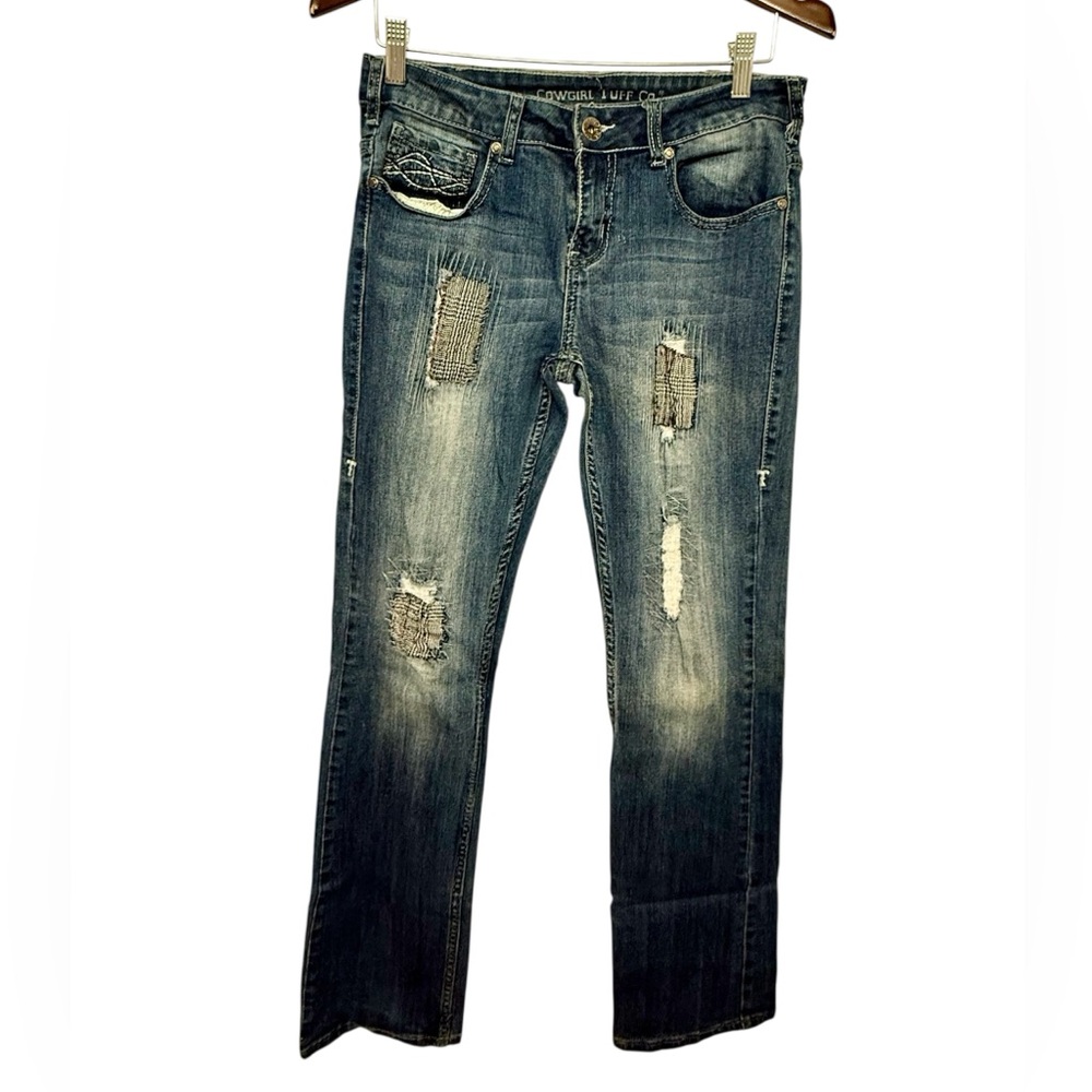 Cowgirl Tuff Co Boot Cut Jeans 30 Embroidered Distressed Friday Dark Blue